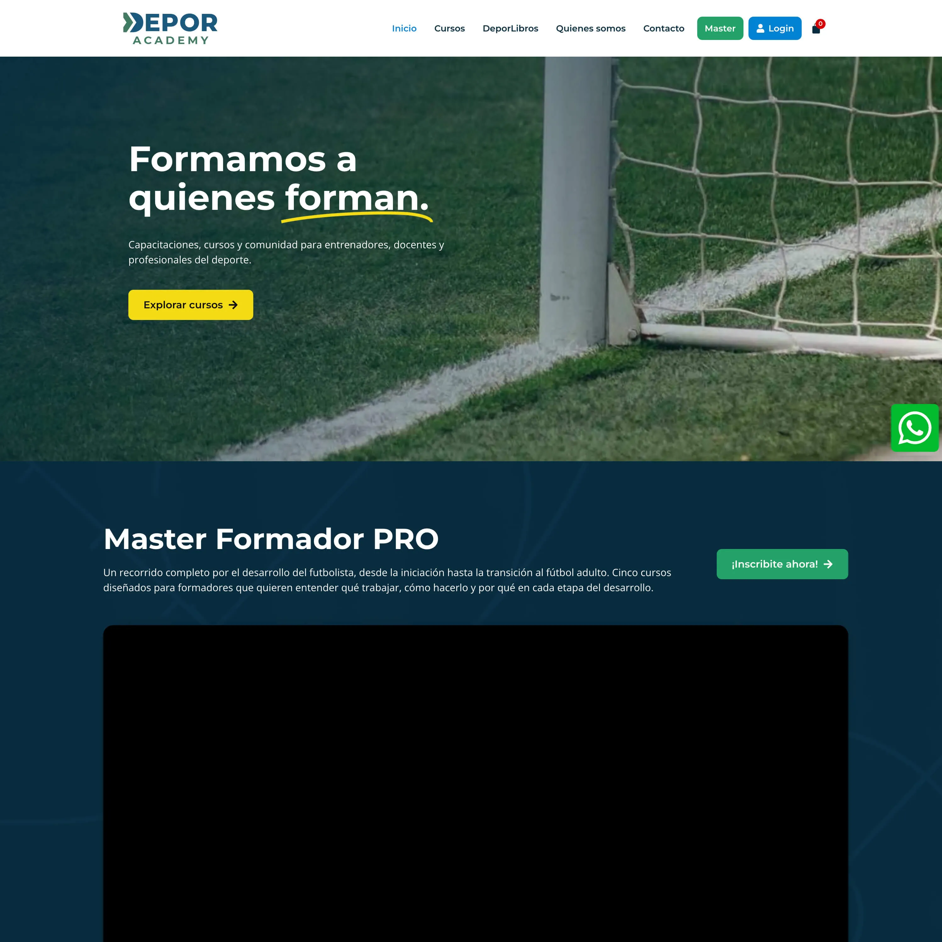 Sitio web de Depor Academy con hero deportivo y cursos